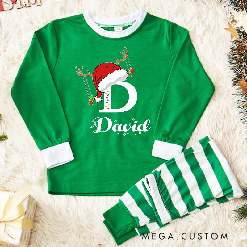 Personalized Reindeer Initial Kids Pajamas with Festive Red and White Stripes for a Joyful Holiday Season
