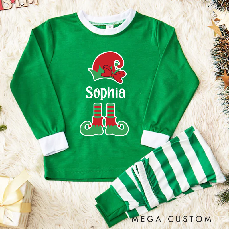 Personalized Elf Initial Kids Pajamas with Christmas Hat and Stripes for a Playful Holiday Look