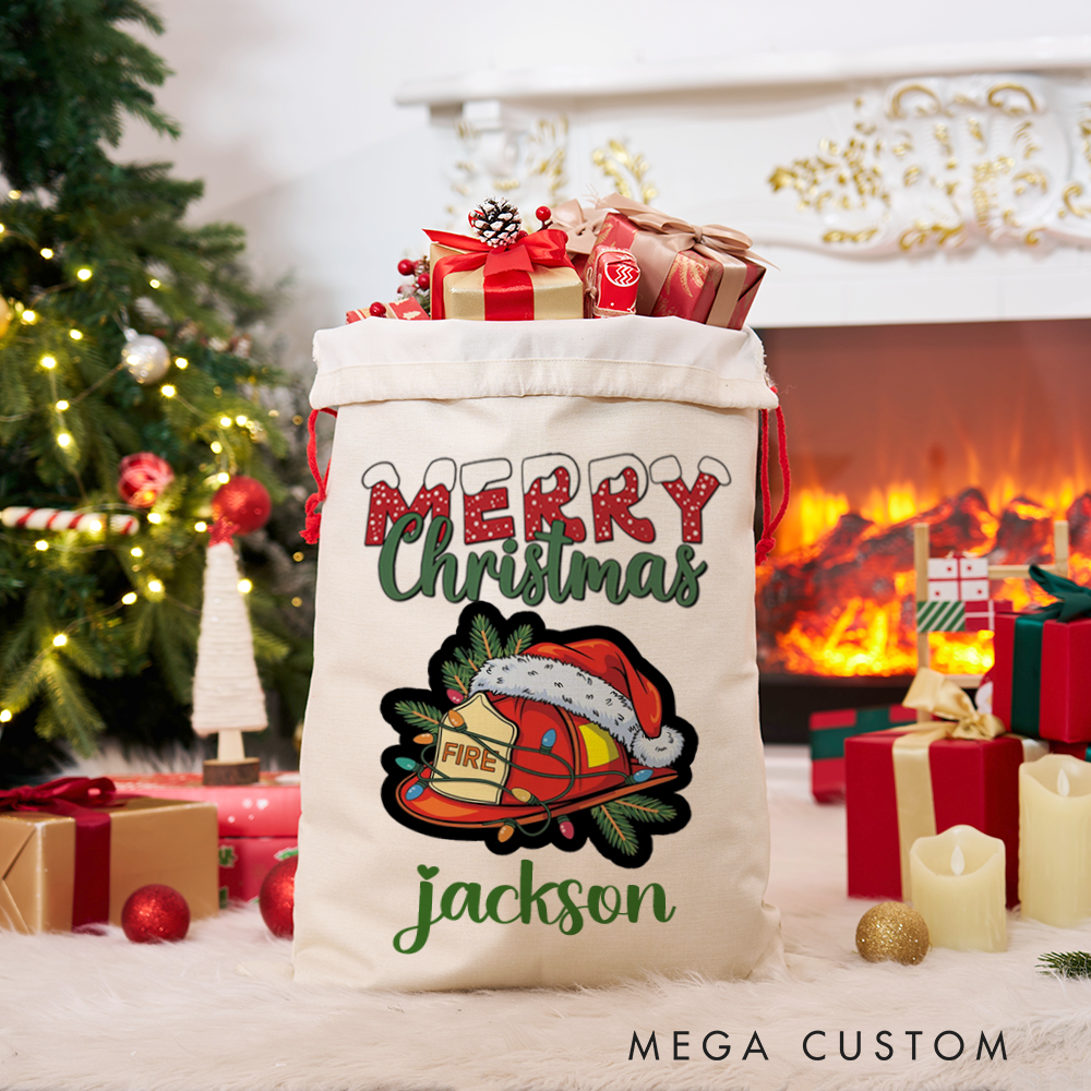 Personalized Merry Christmas Sack Firefighter Helmet Design Perfect for Holiday Gifts
