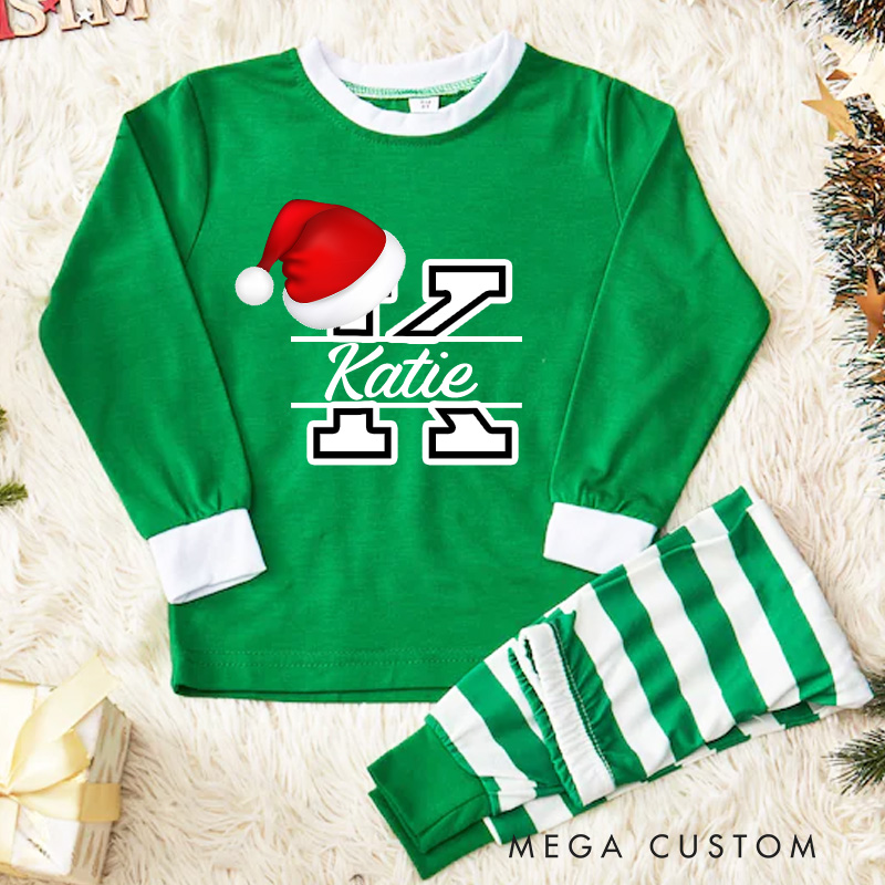 Personalized Santa Hat Initial Kids Pajamas with Red and White Stripes for Festive Fun
