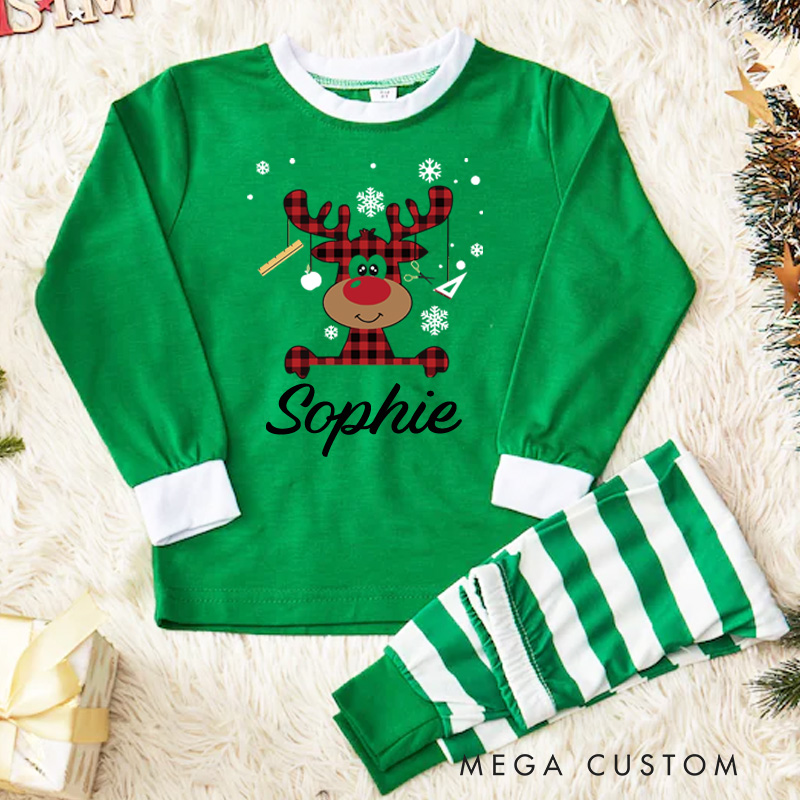 Personalized Reindeer Kids Pajamas with Red Nose and Stripes for a Jolly Holiday Season