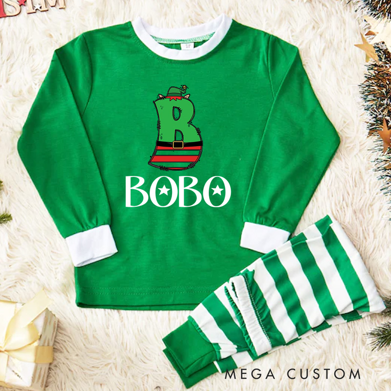 Personalized Christmas Boot Initial Kids Pajamas with Festive Red and White Stripes for Holiday Cheer