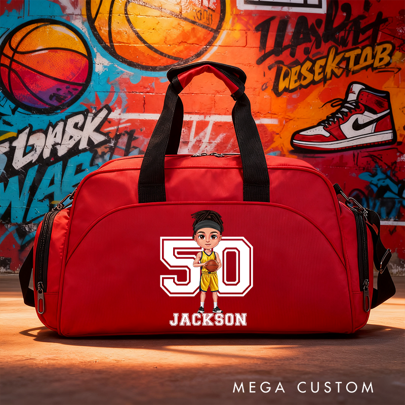 Personalized Sports Duffel Bag with Custom Name, Number, and Cartoon Design