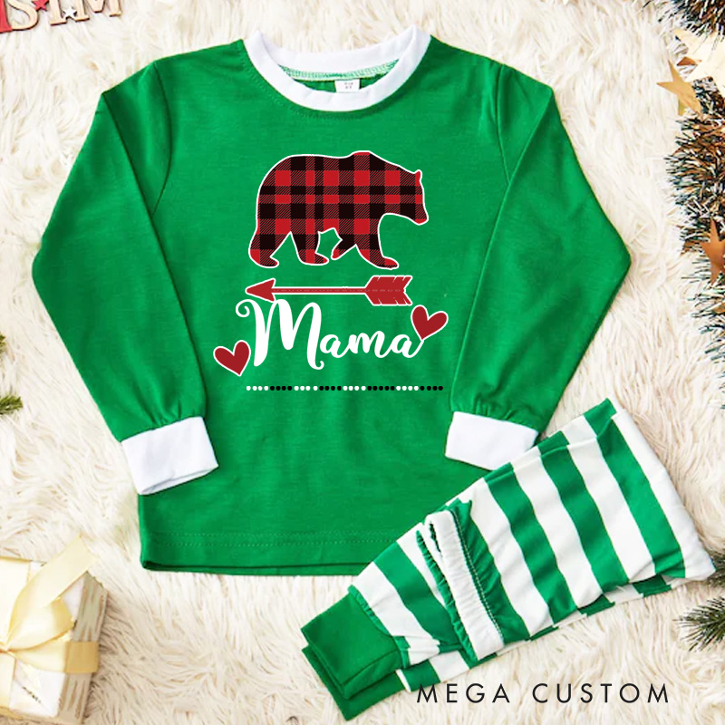 Personalized Plaid Bear Kids Pajamas with Cozy Red and White Stripes for a Warm Winter Night