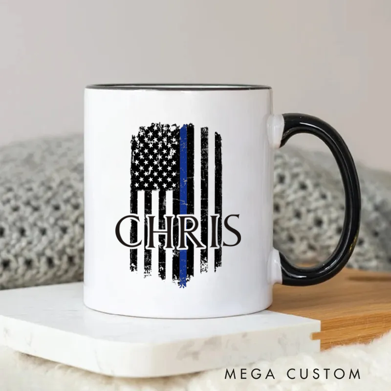 Personalized Policeman Thin Blue Line American Flag Mug for Police Officer