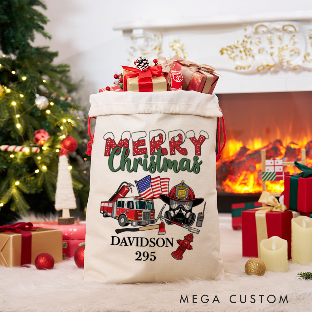 Personalized Merry Christmas Sack Firefighter Themed Design with Fire Truck and Gear Perfect for Firefighter Holiday Gifts