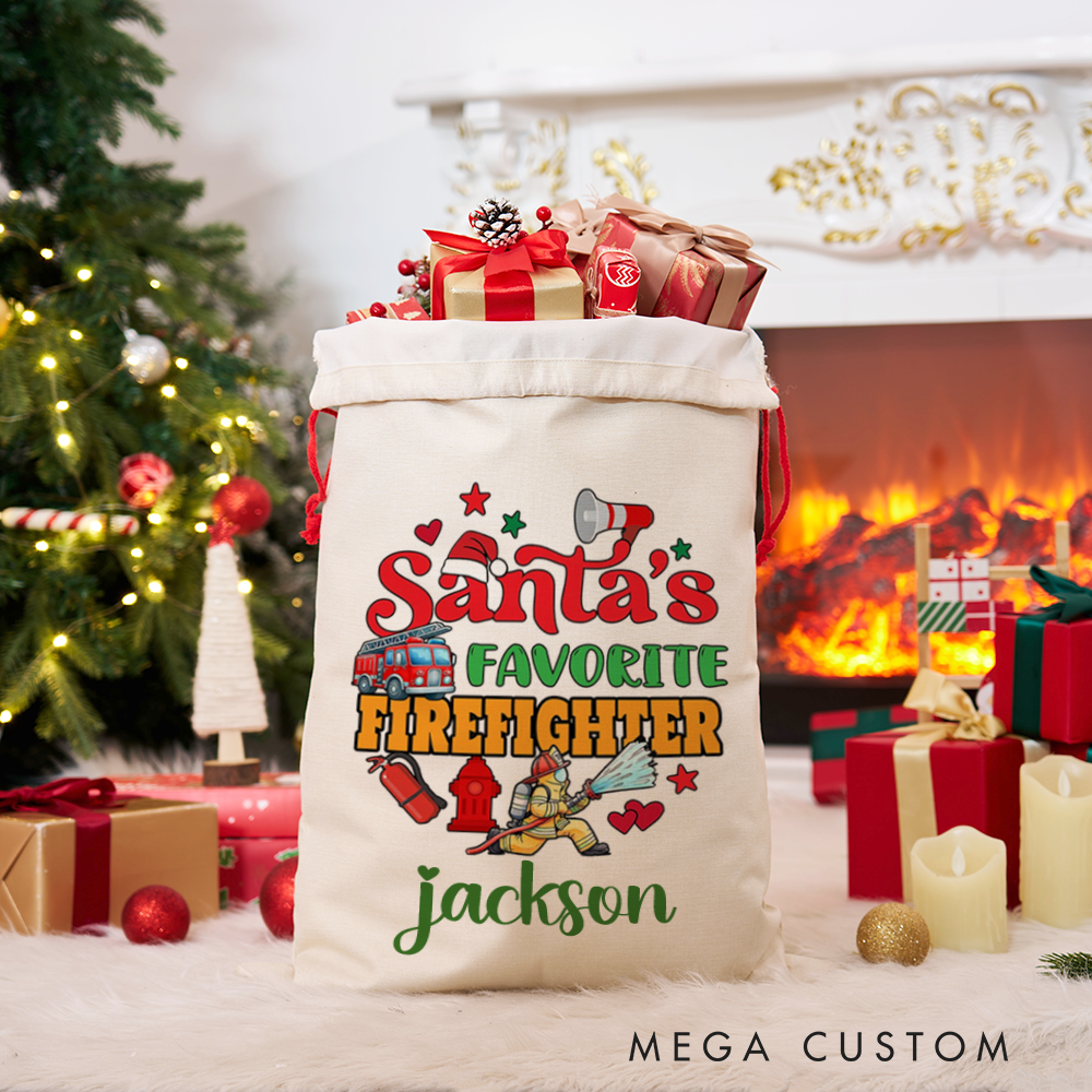 Personalized Santa's Favorite Firefighter Christmas Sack Firefighter Themed Design Perfect for Firefighter Holiday Gifts