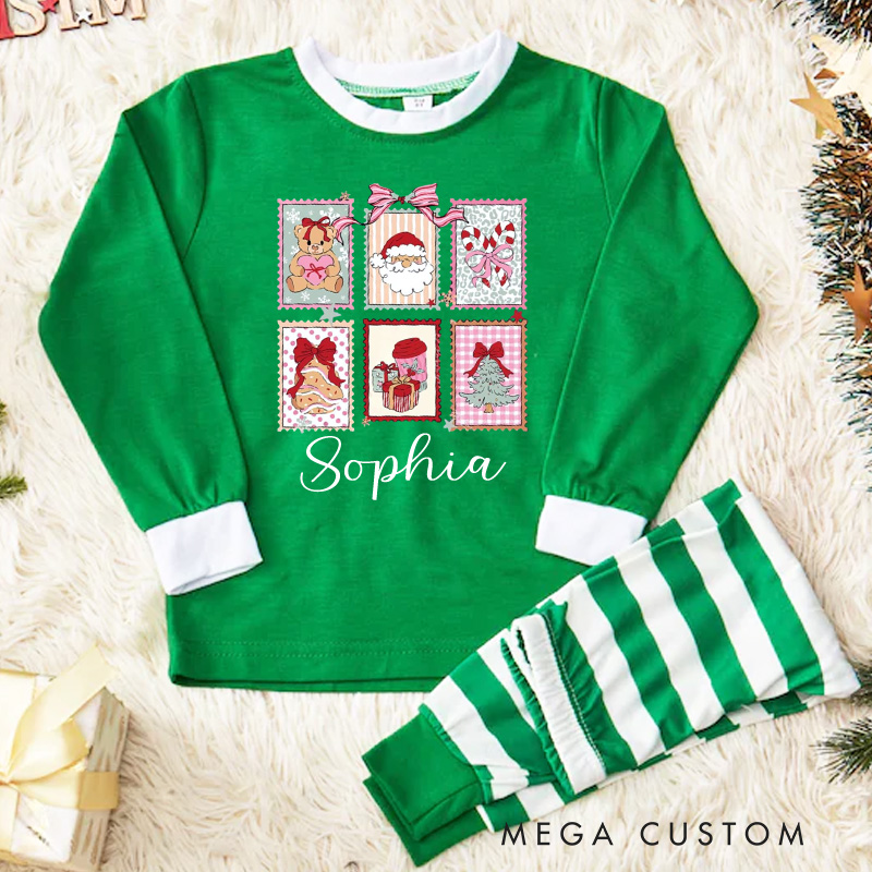 Personalized Christmas Window Kids Pajamas with Festive Scenes and Red and White Stripes for Holiday Magic