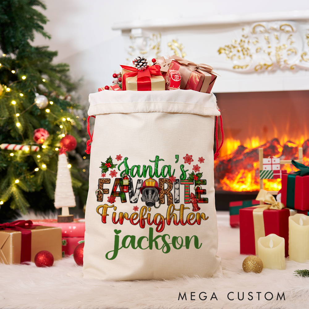 Personalized Santa's Favorite Firefighter Christmas Sack Festive Design Perfect for Firefighter Holiday Gifts