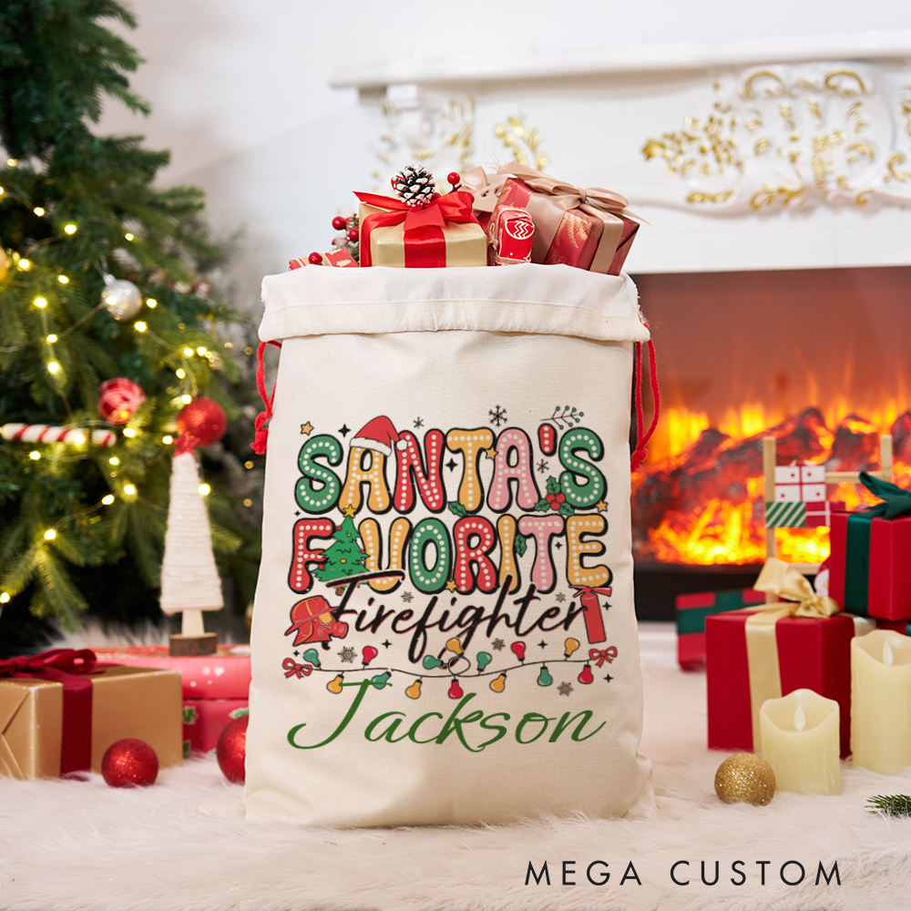 Personalized Santa's Favorite Firefighter Christmas Sack Cheerful Design Perfect for Firefighter Holiday Gifts