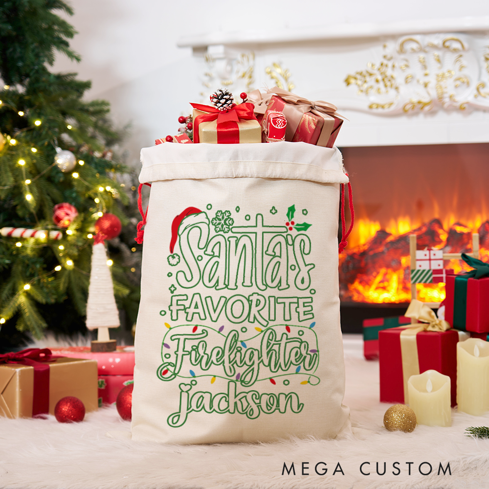 Personalized Santa's Favorite Firefighter Christmas Sack Elegant Design Perfect for Firefighter Holiday Gifts