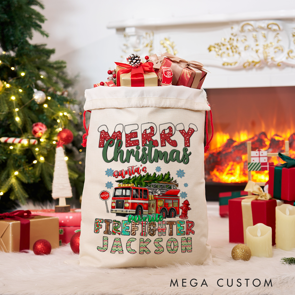 Personalized Merry Christmas Sack Santa's Favorite Firefighter Themed Design Perfect for Firefighter Holiday Gifts