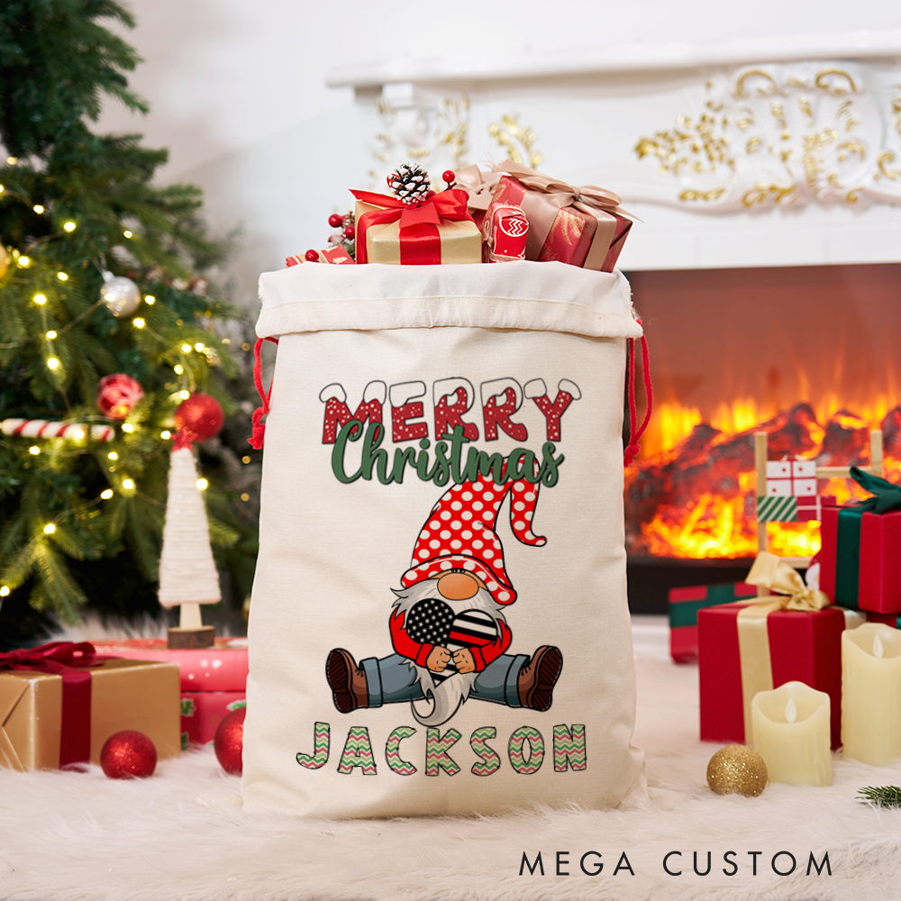 Personalized Merry Christmas Sack Firefighter Gnome Design Perfect for Firefighter Holiday Gifts