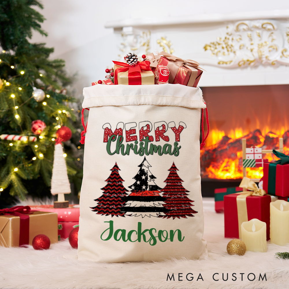 Personalized Merry Christmas Sack Festive Tree Design Perfect for Firefighter Holiday Gifts