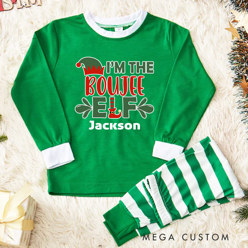 Personalized I'm the Boujee Elf Kids Pajamas with Festive Red and White Stripes for a Playful Holiday Season