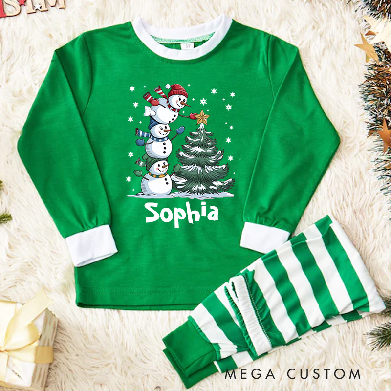 Personalized Christmas Tree Kids Pajamas with Snowy Scene and Stripes for a Merry Celebration