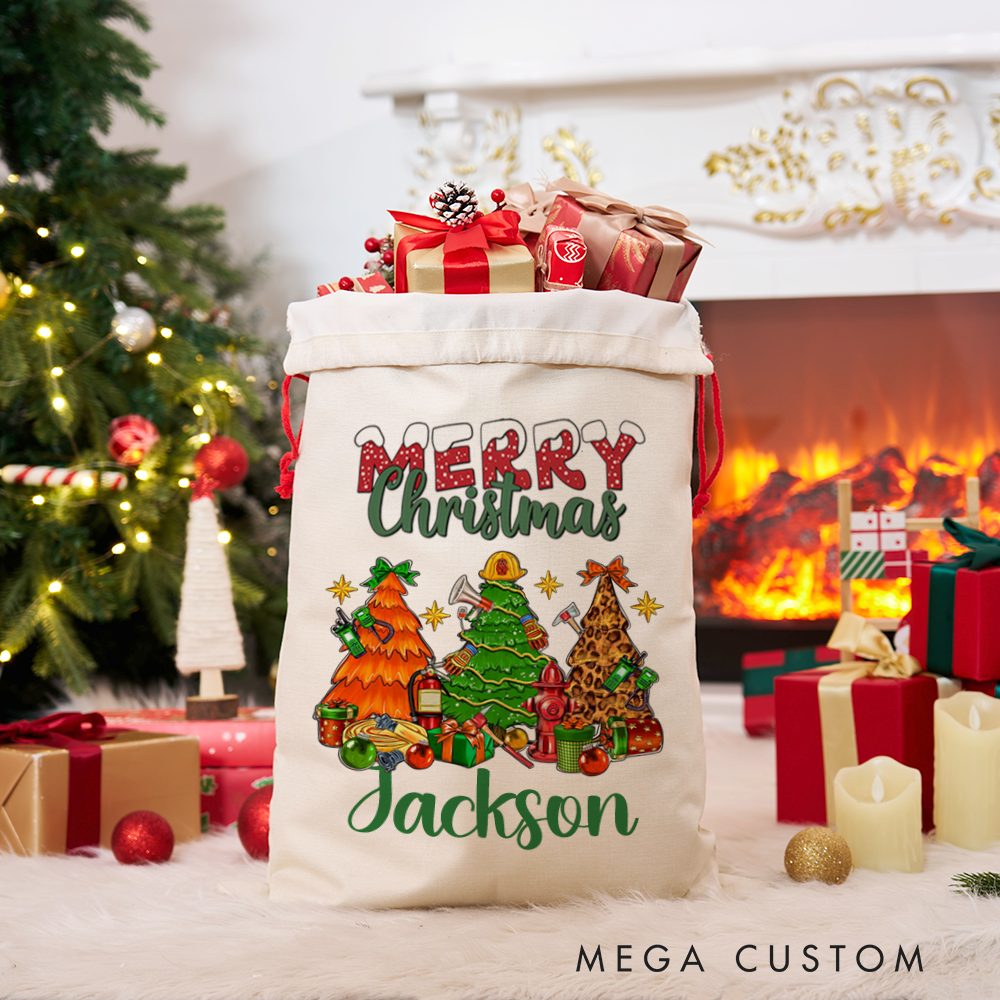 Personalized Merry Christmas Sack Firefighter Themed Christmas Tree Design Perfect for Holiday Gifts