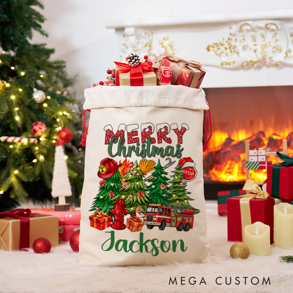 Personalized Merry Christmas Sack Firefighter Themed Festive Tree and Firetruck Design Perfect for Holiday Gifts