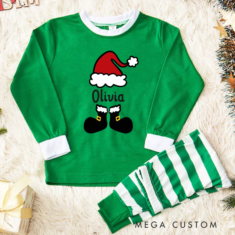 Personalized Santa Hat and Boots Kids Pajamas with Festive Red and White Stripes for Holiday Cheer