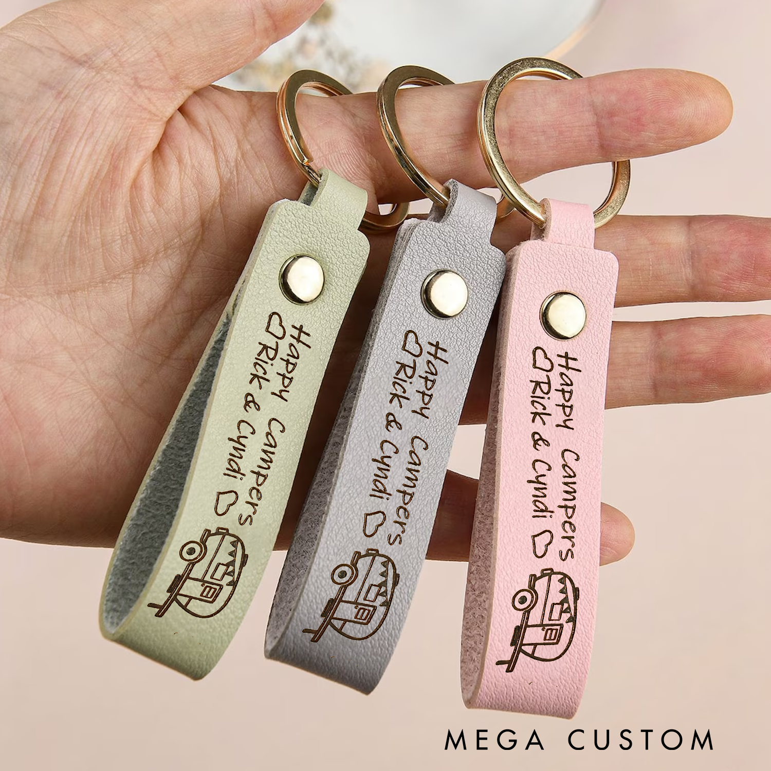 Personalized Happy Campers Leather Keychain Couples Outdoor Keychain Camping Lovers Rv Life Gift
