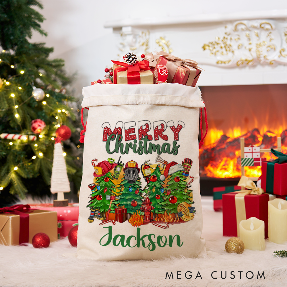 Personalized Merry Christmas Sack Firefighter Themed Christmas Tree and Gear Design Perfect for Holiday Gifts