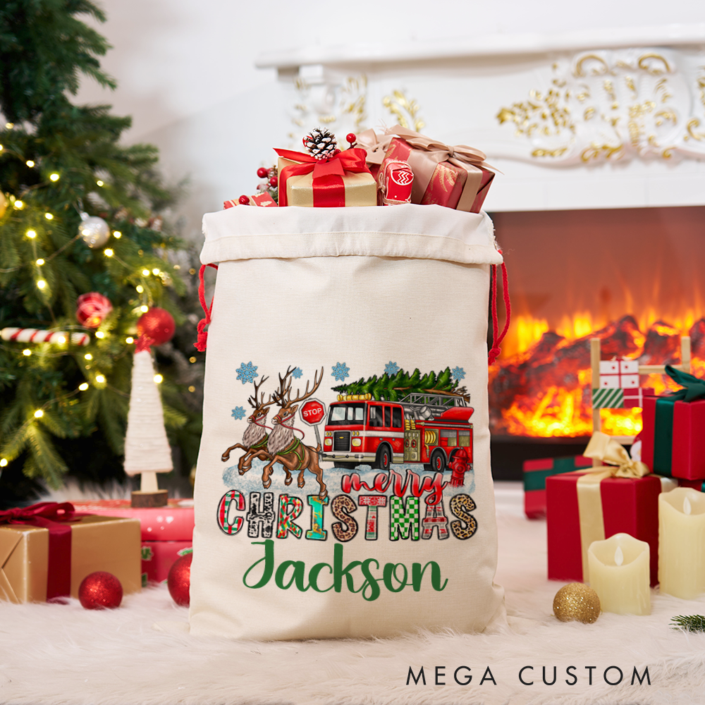 Personalized Merry Christmas Sack Firetruck and Reindeer Design Perfect for Holiday Gifts