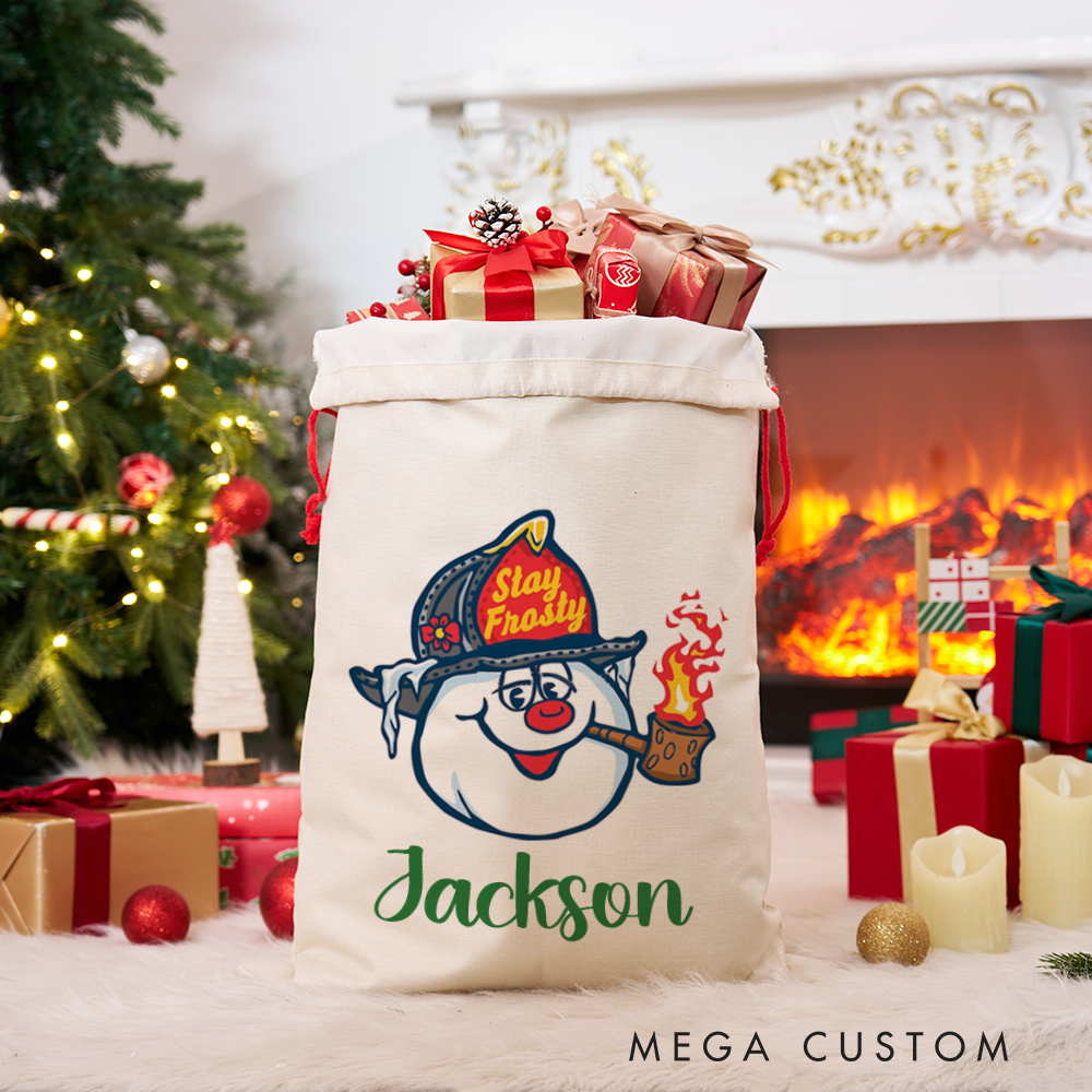 Personalized Stay Frosty Firefighter Snowman Christmas Sack Fun and Festive Design Perfect for Holiday Gifts