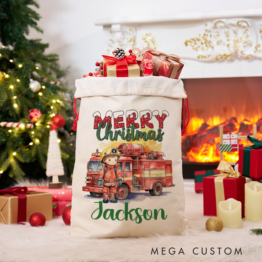 Personalized Merry Christmas Sack Firefighter and Firetruck Watercolor Design Perfect for Holiday Gifts