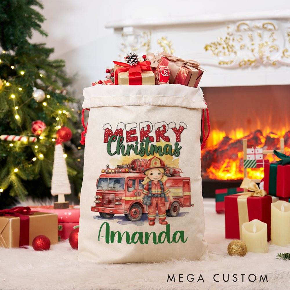 Personalized Merry Christmas Sack Firefighter and Firetruck Watercolor Design Perfect for Holiday Gifts
