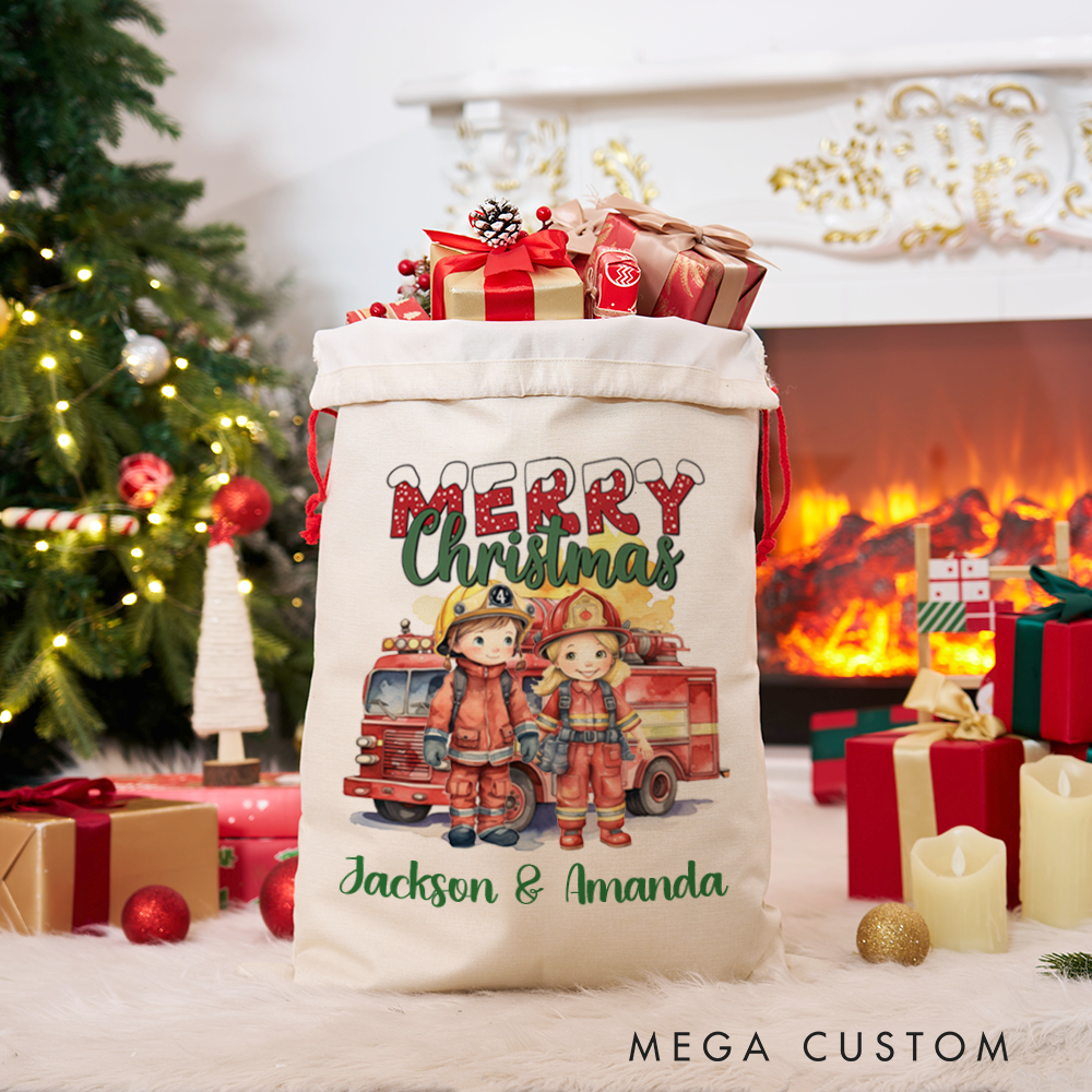 Personalized Merry Christmas Sack Firefighter Duo and Firetruck Watercolor Design Perfect for Holiday Gifts