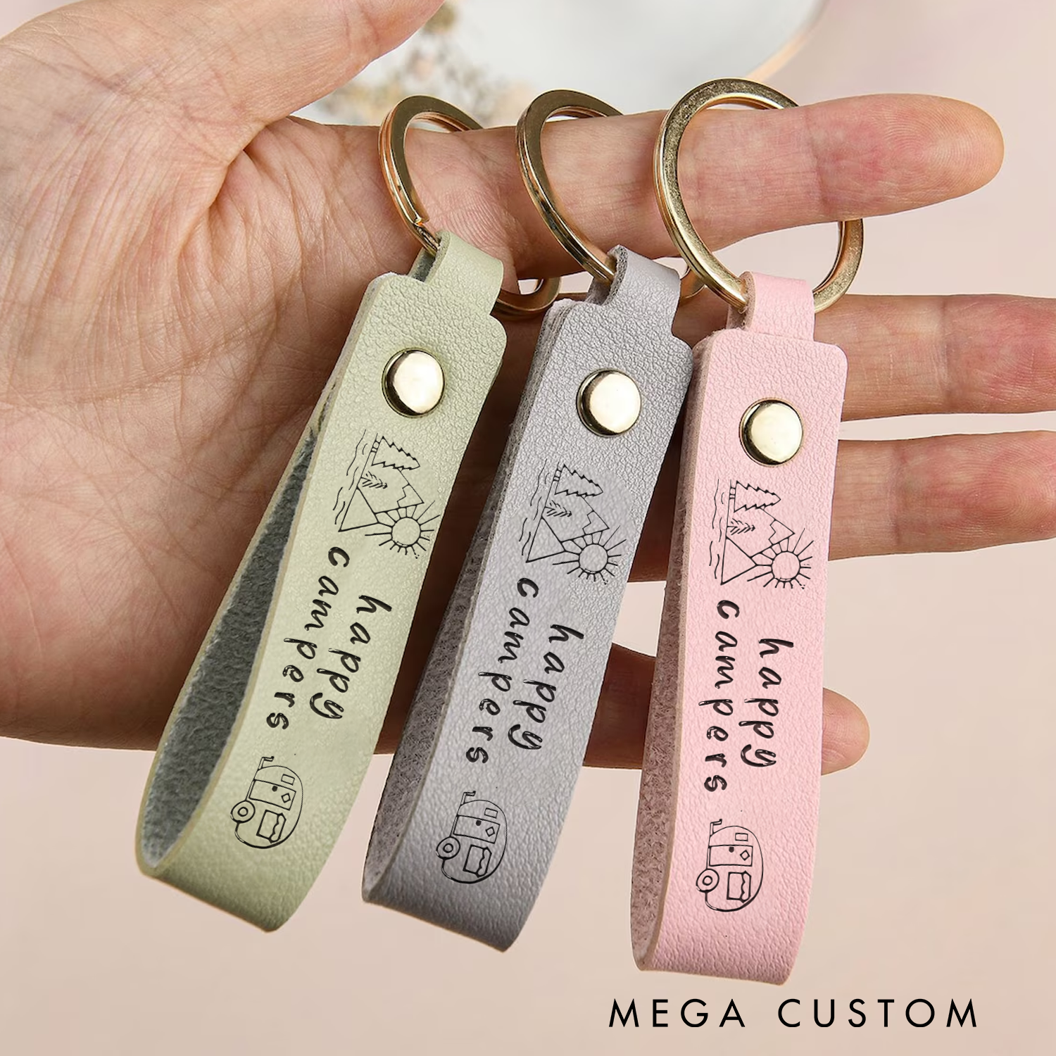Personalized Happy Campers Leather Keychain Custom Leather Keychains Outdoor Camping Lovers Keychain