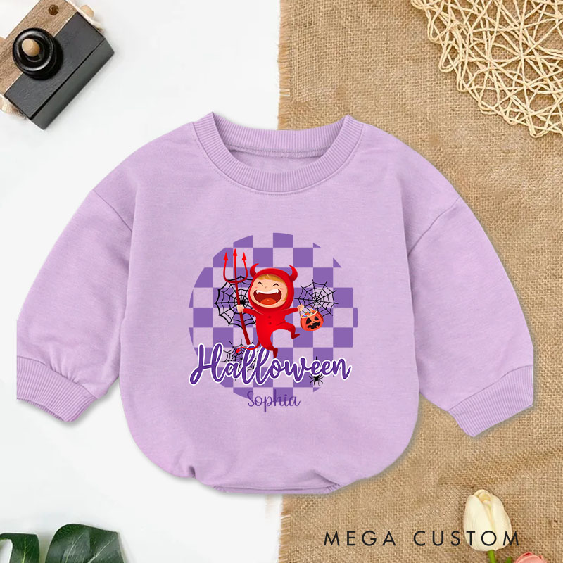 Personalized Halloween Monster Baby Bodysuit with Checkered Background for a Spooky and Cute Celebration