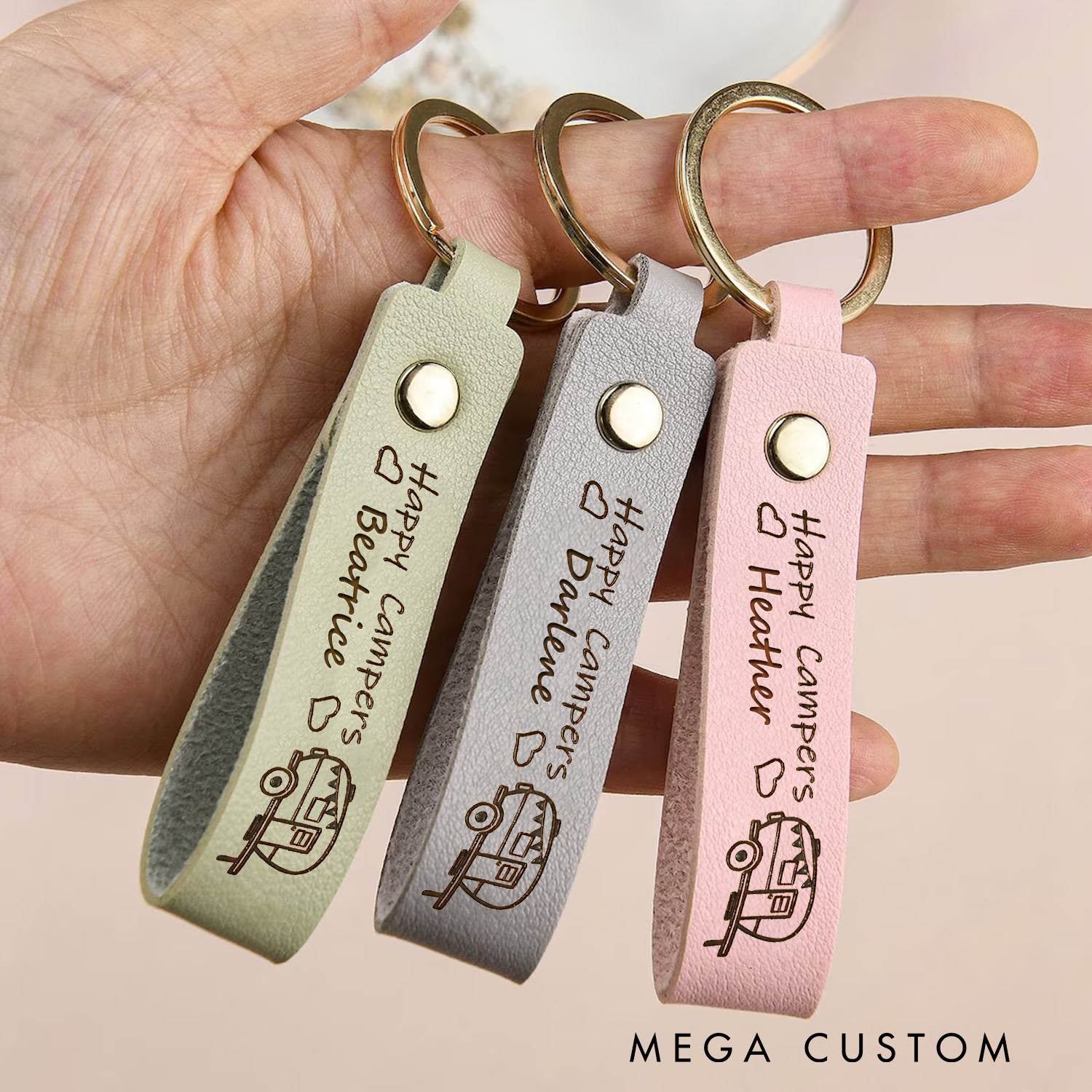 Personalized Happy Campers Leather Keychain Couples Outdoor Keychain Camping Lovers Rv Life Gift