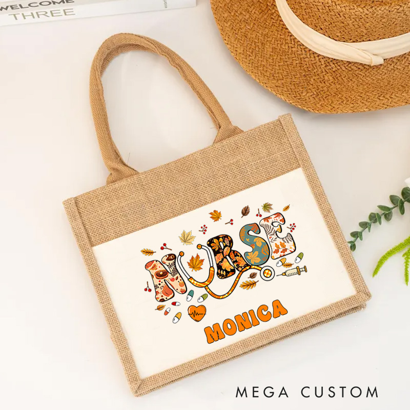 Personalised Nurse Burlap Tote Bag Autumn Nurse Vibes Design Perfect Gift for Yourself or a Loved One
