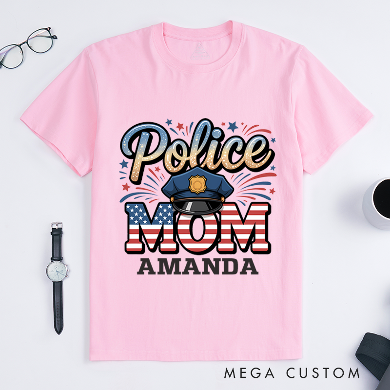 Personalized Police Mom T-Shirt with Patriotic Design and Custom Name Gift for Proud Moms 