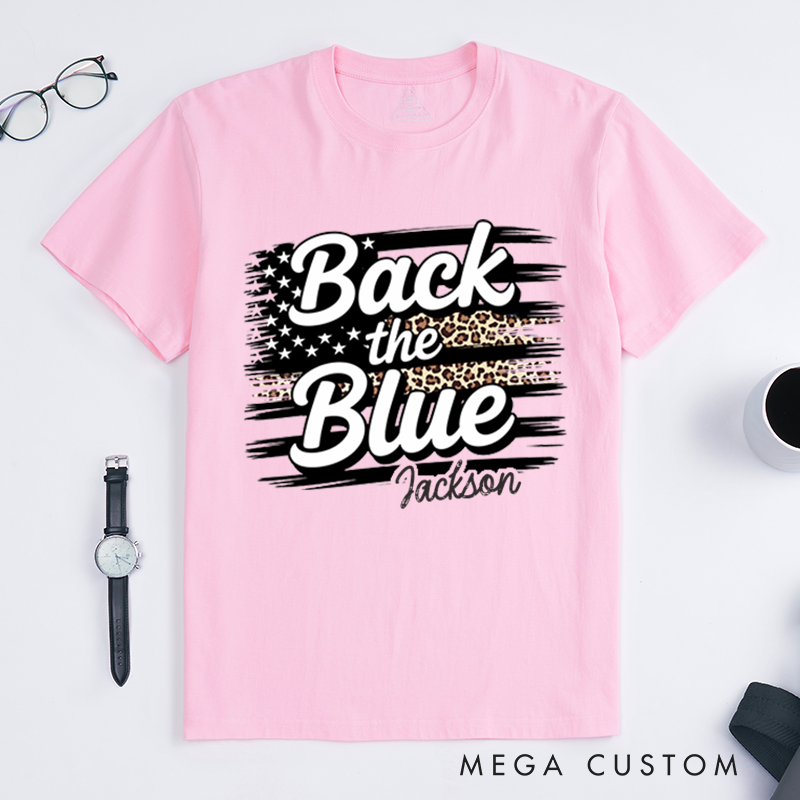 Personalized Back the Blue T-Shirt with Leopard Print and American Flag Design Gift for Police Supporters