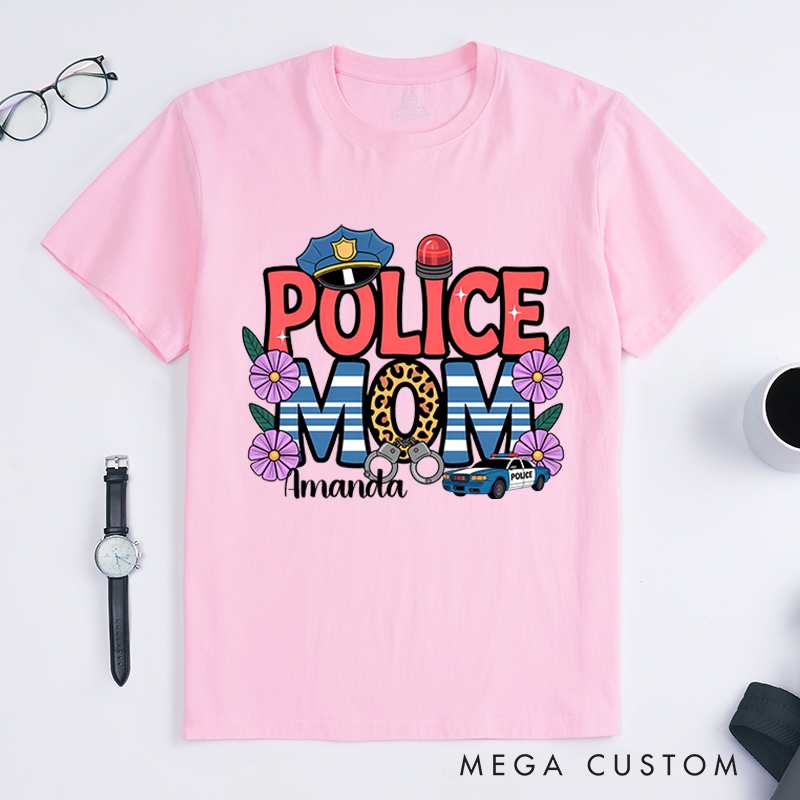 Personalized Police Mom T-Shirt with Floral and Police Themed Design Gift for Proud Law Enforcement Moms