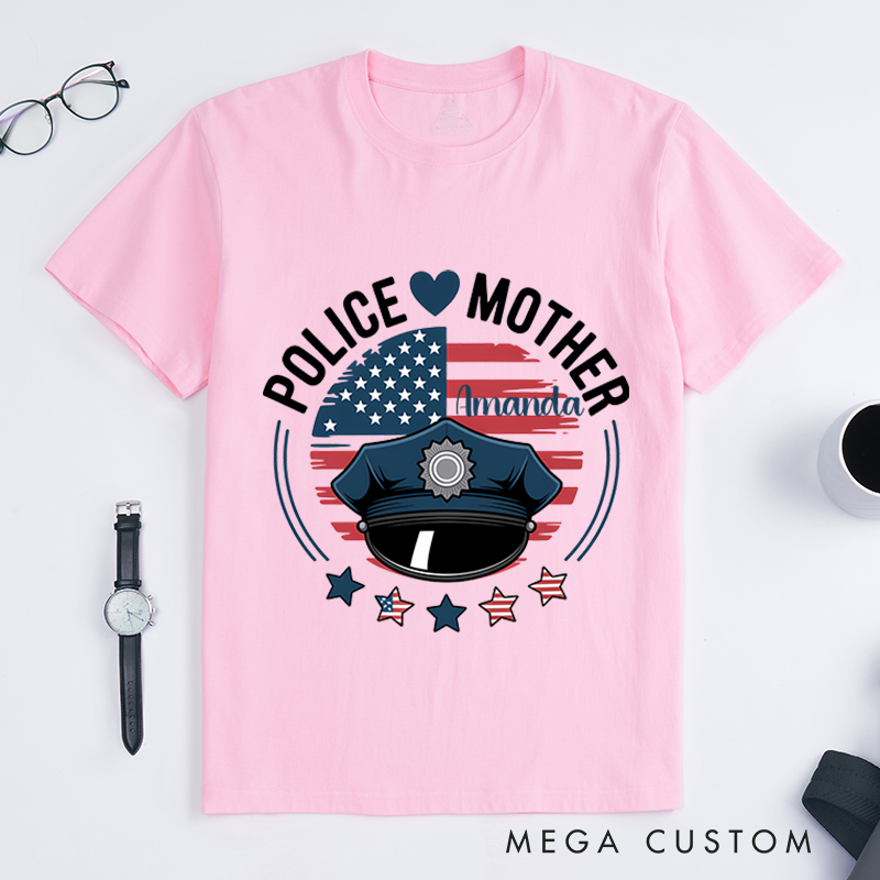 Personalized Police Mother T-Shirt with American Flag and Police Hat Design Gift for Proud Moms of Officers