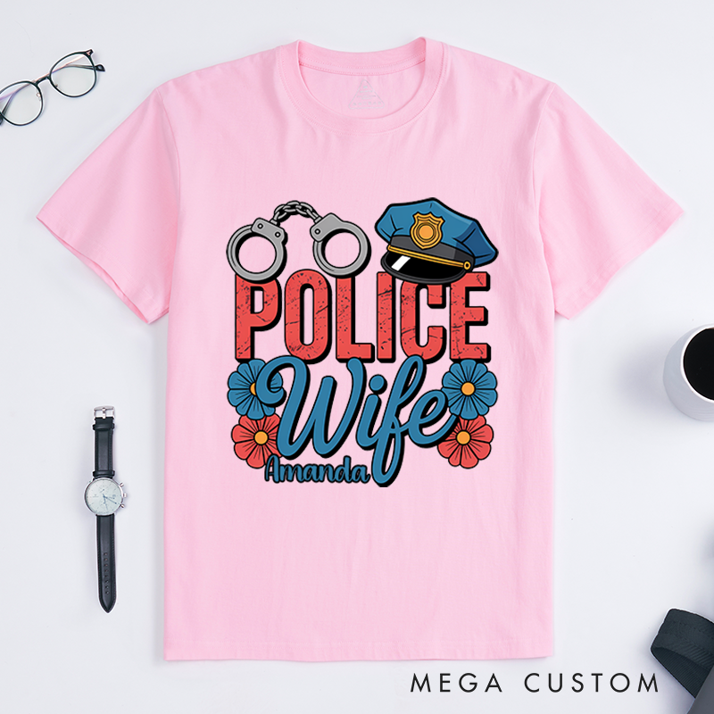 Personalized Police Wife T-Shirt with Handcuff, Hat, and Floral Design Gift for Proud Law Enforcement Wives