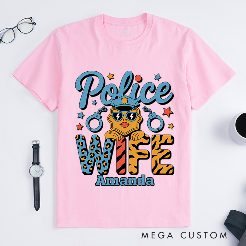Personalized Police Wife T-Shirt with Fun and Colorful Design Featuring Handcuffs and Stars Gift for Law Enforcement Wives