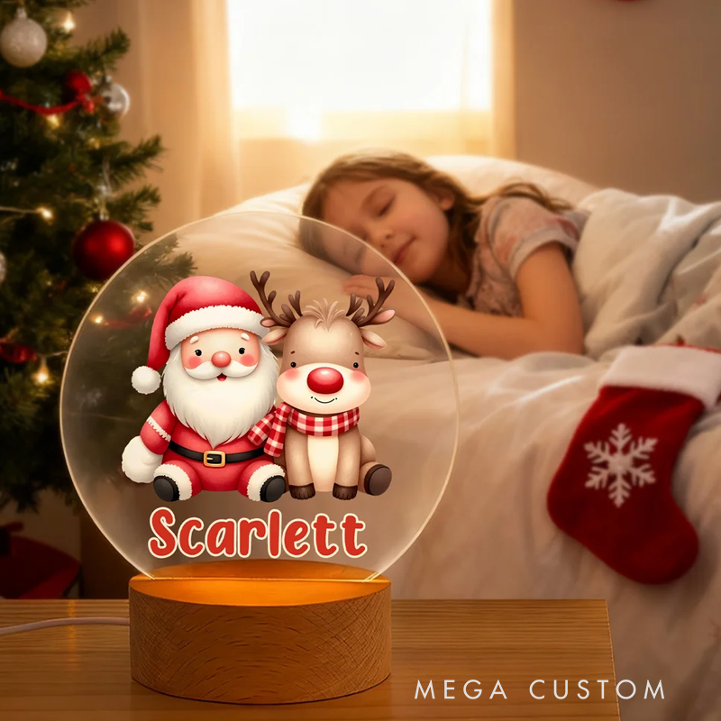 Personalized Cartoon Santa Claus Acrylic LED Night Light with Name and Wooden Base Room Decor Christmas Gift for Kid Baby