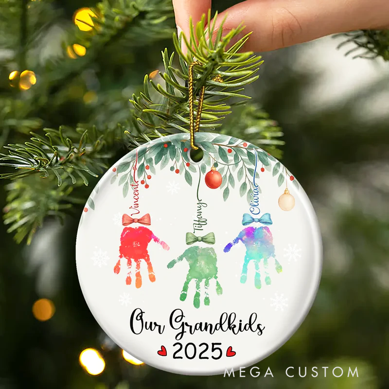 Personalized My Grandkids Handprints Circle Ceramic Ornament