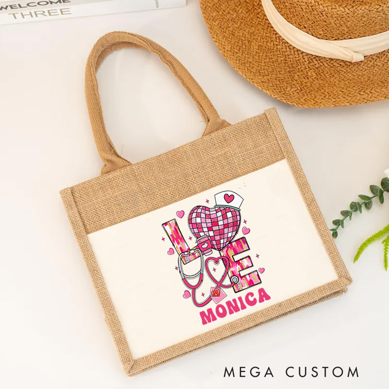 Personalised Nurse Burlap Tote Bag Love for Nursing Perfect Gift for Yourself or a Loved One
