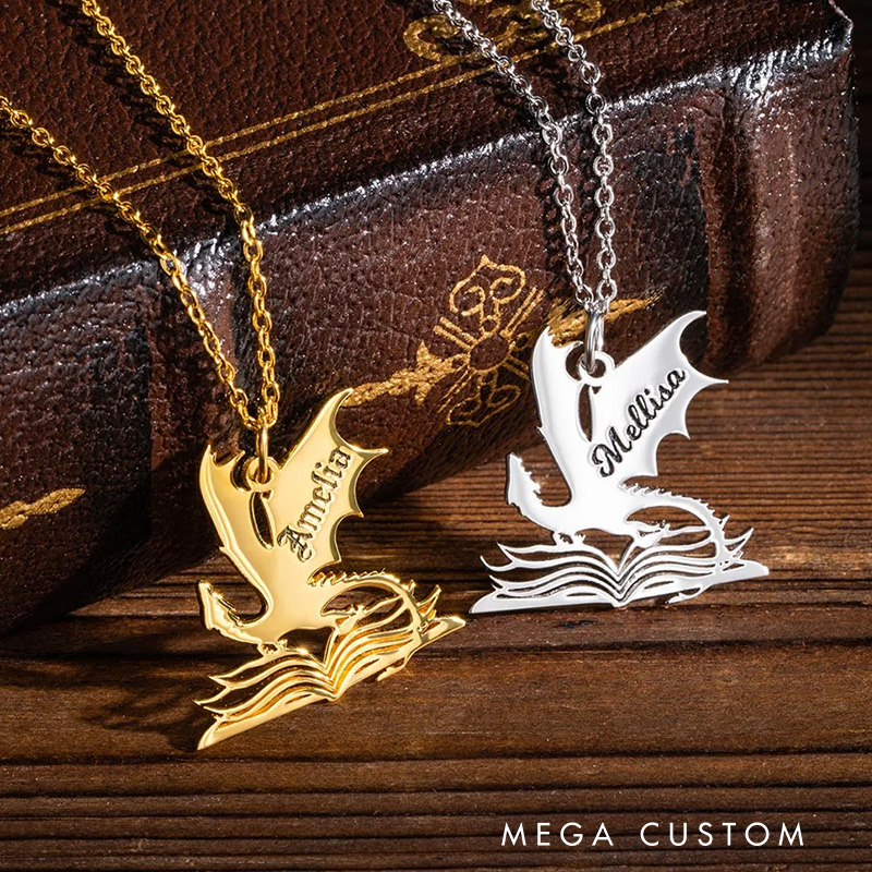 Personalized Book Dragon Necklace with Name Birthday Anniversary Gift for Bookworm Reader Fantasy Book Lovers Gift