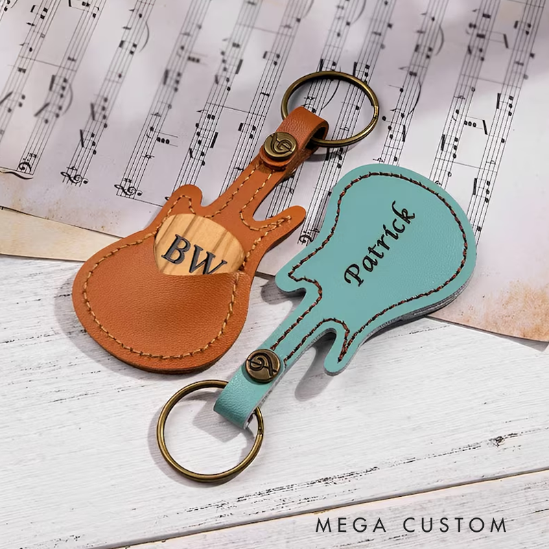 Personalized Name Guitar Leather Keyring Guitar Pick Holder Custom Guitar Pick in Guitar Shaped Leather Keyring Gift for Guitarist