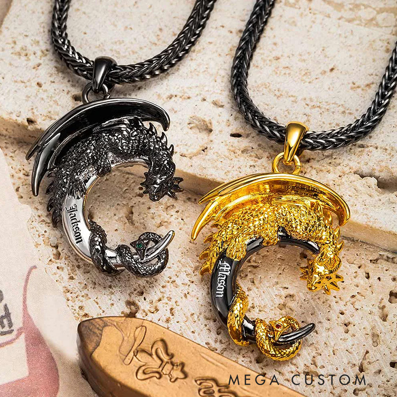 Personalized Medieval Gothic Moon Dragon Name Necklace with Foxtail Chain Father’s Day Birthday Gift for Bookworm Reader Fantasy Book Lovers Gift