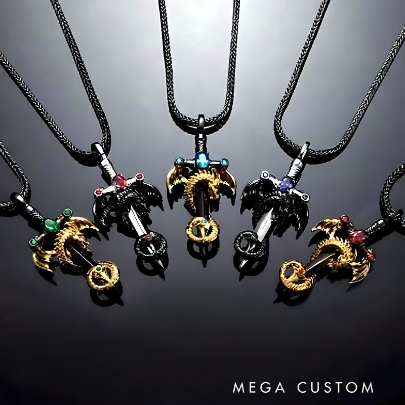 Personalized Wing Dragon Wrapped Sword Necklace with Birthstone Gothic Pendant Jewelry Birthday Gift for Fantasy Book Lovers Bookworm Gift