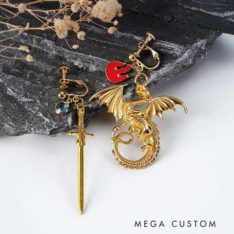 Personalized Fantasy Dragon Sword Earrings with Birthstone Birthday Anniversary Christmas Gift for Women Bookworms Fantasy Book Lovers Gift