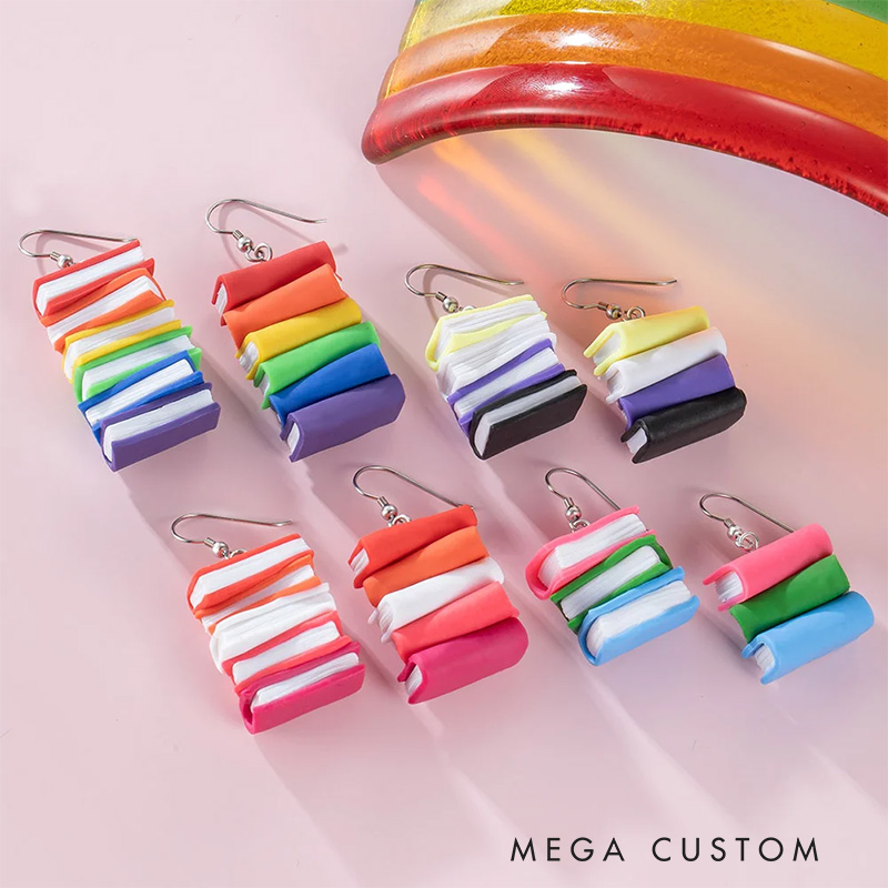 Personalized Rainbow LGBTQ Pride Flag Dangle Earrings Book Lovers Gift