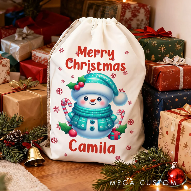 Personalized Merry Christmas Cute Snowman Drawstring Canvas Gift Bag with Name Christmas Party Gift for Kids Family